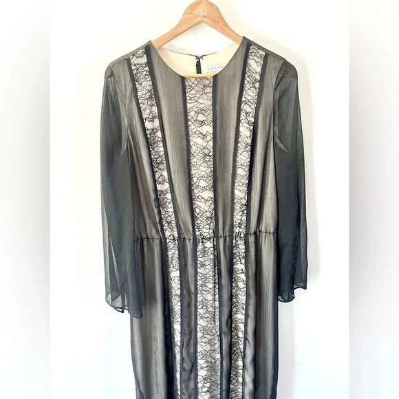 Alice + Olivia Kye Chiffon Lace Front Sheer Black & Nude Long Sleeve‎ Maxi Dress - Picture 3 of 15
